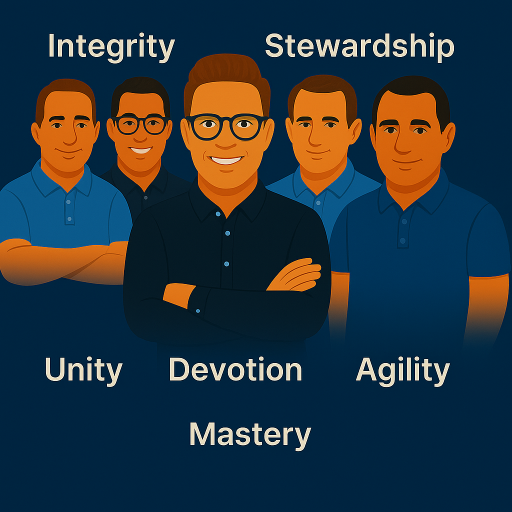 nexwave team values with illustrated team members: Integrity, Stewardship, Unity, Devotion, Agility, Mastery